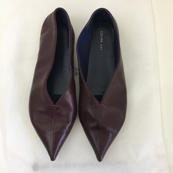 CELINE Authentic Peep Toe Flats Womens 35.5 Made in Italy Burgundy Soft Leather - Picture 2 of 13